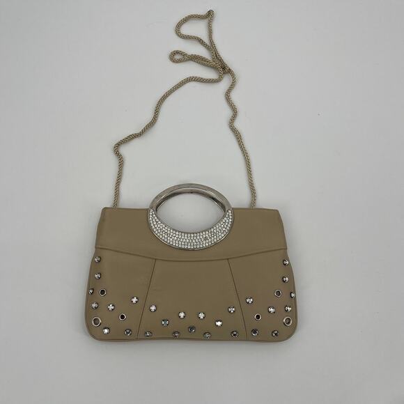 Kate Landry Rhinestones Cocktail Tan Purse Clutch Handle Grommets Strap Retro - Picture 12 of 14